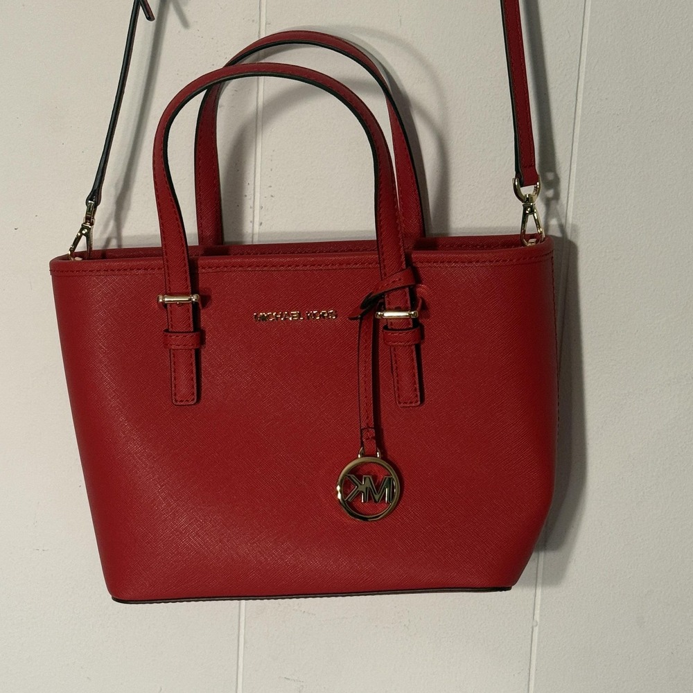 Michael Kors Crossbody Bag Womens Red Saffiano Leather Small MK Tote Purse